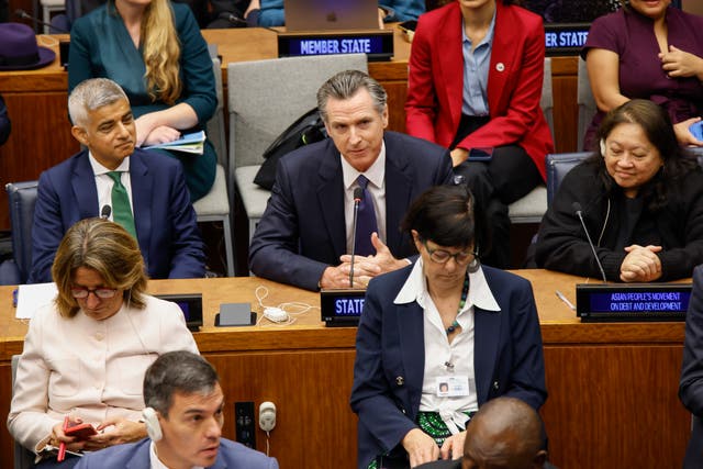 <p>California Governor Gavin Newsom speaks as he attends the Climate Ambition Summit at the United Nations Headquarters on September 20, 2023 in New York City.</p>