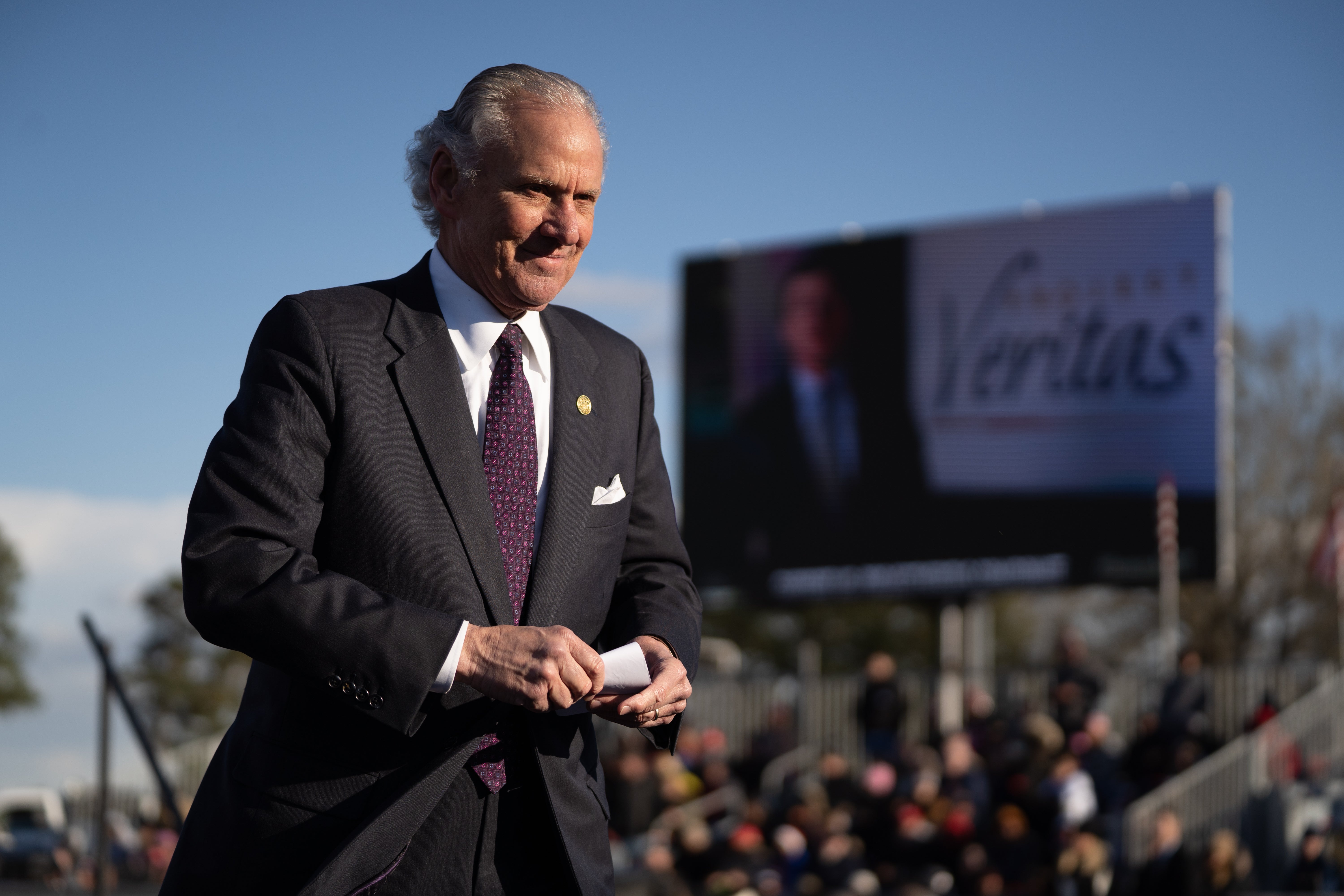 South Carolina Gov. Henry McMaster walks off the stage during a rally with former U.S. President Donald Trump at the Florence Regional Airport on March 12, 2022 in Florence, South Carolina. The visit by Trump is his first rally in South Carolina since his election loss in 2020
