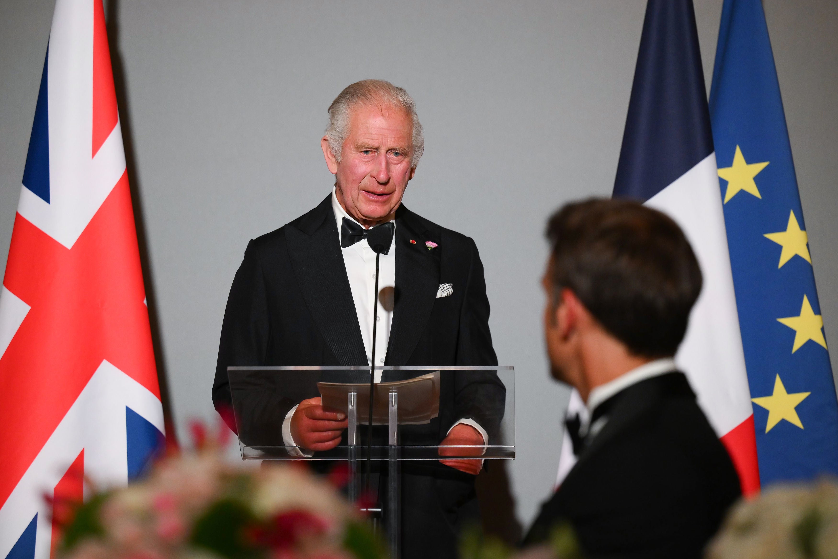 King Charles III delivers a speech at the State Banquet at the Palace of Versailles