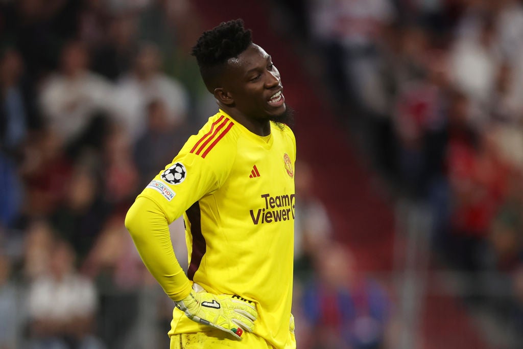 Andre Onana reacts after conceding at Bayern Munich