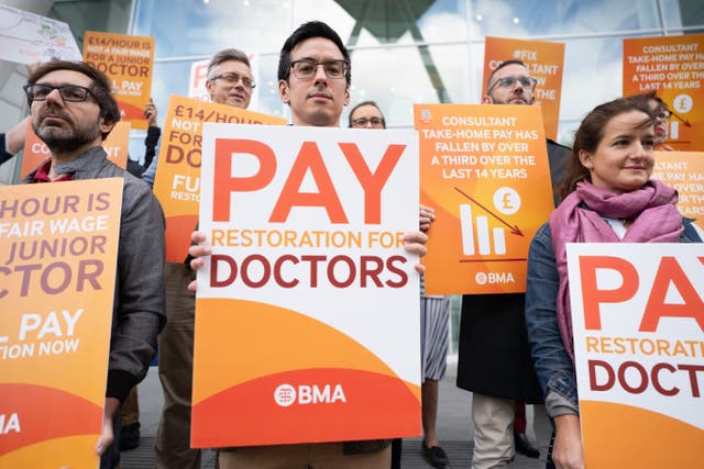 Junior medics will continue to strike on Thursday and Friday after holding the first-ever joint strike with consultants on Wednesday (Stefan Rousseau/PA)