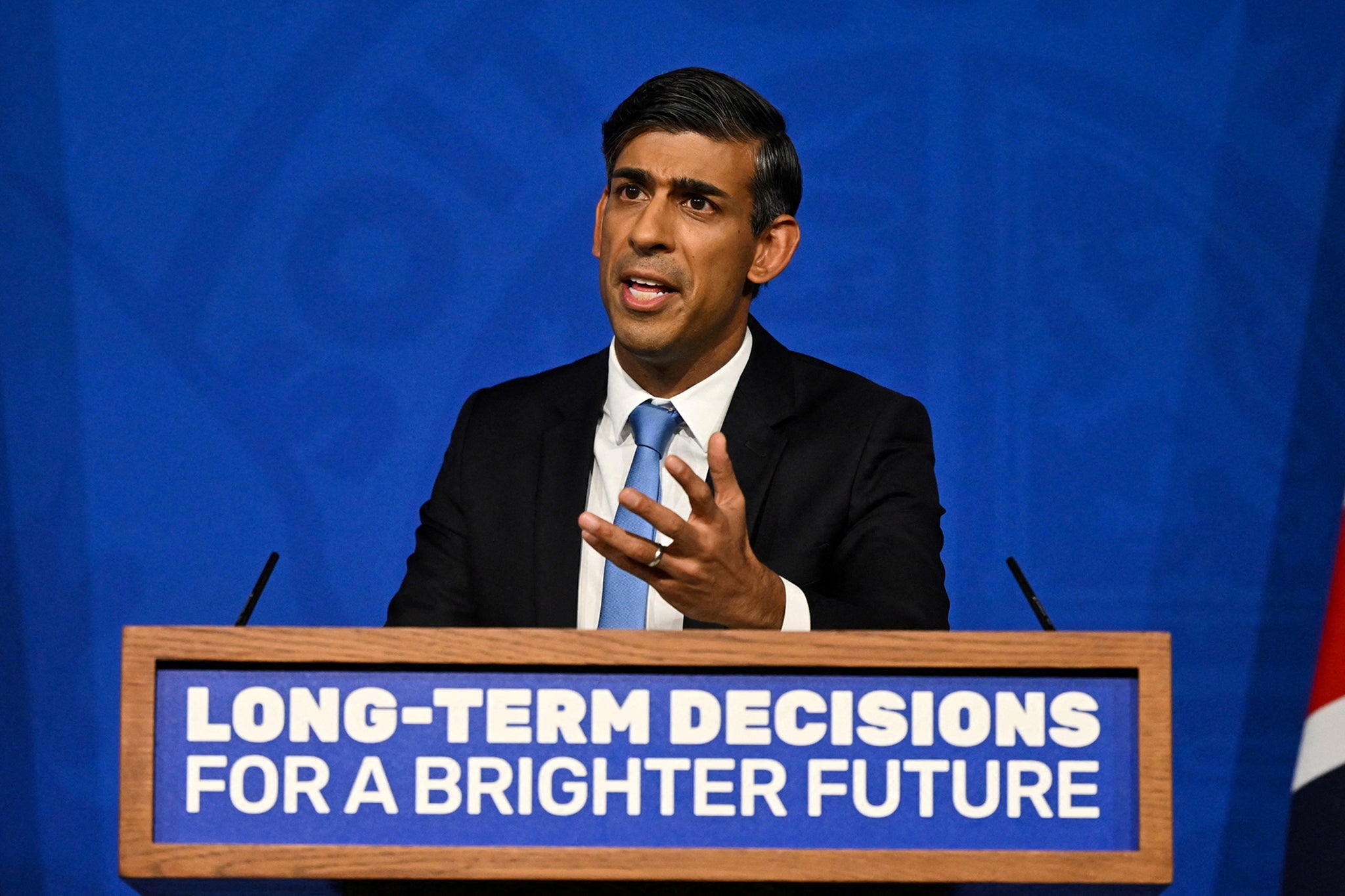 Britain's prime minister Rishi Sunak delivers a speech during a press conference on the net-zero target