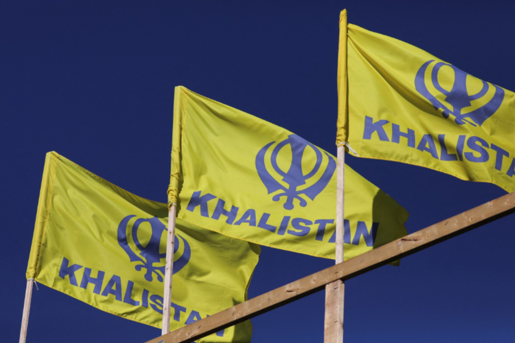 Blue and yellow flags of the Khalistan movement