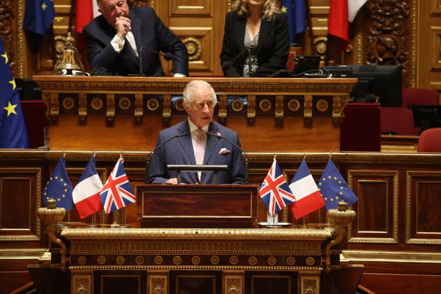 The King addresses parliamentarians in the Senate Chamber, at Luxembourg Palace in Paris (Ian Vogler/Daily Mirror/PA)