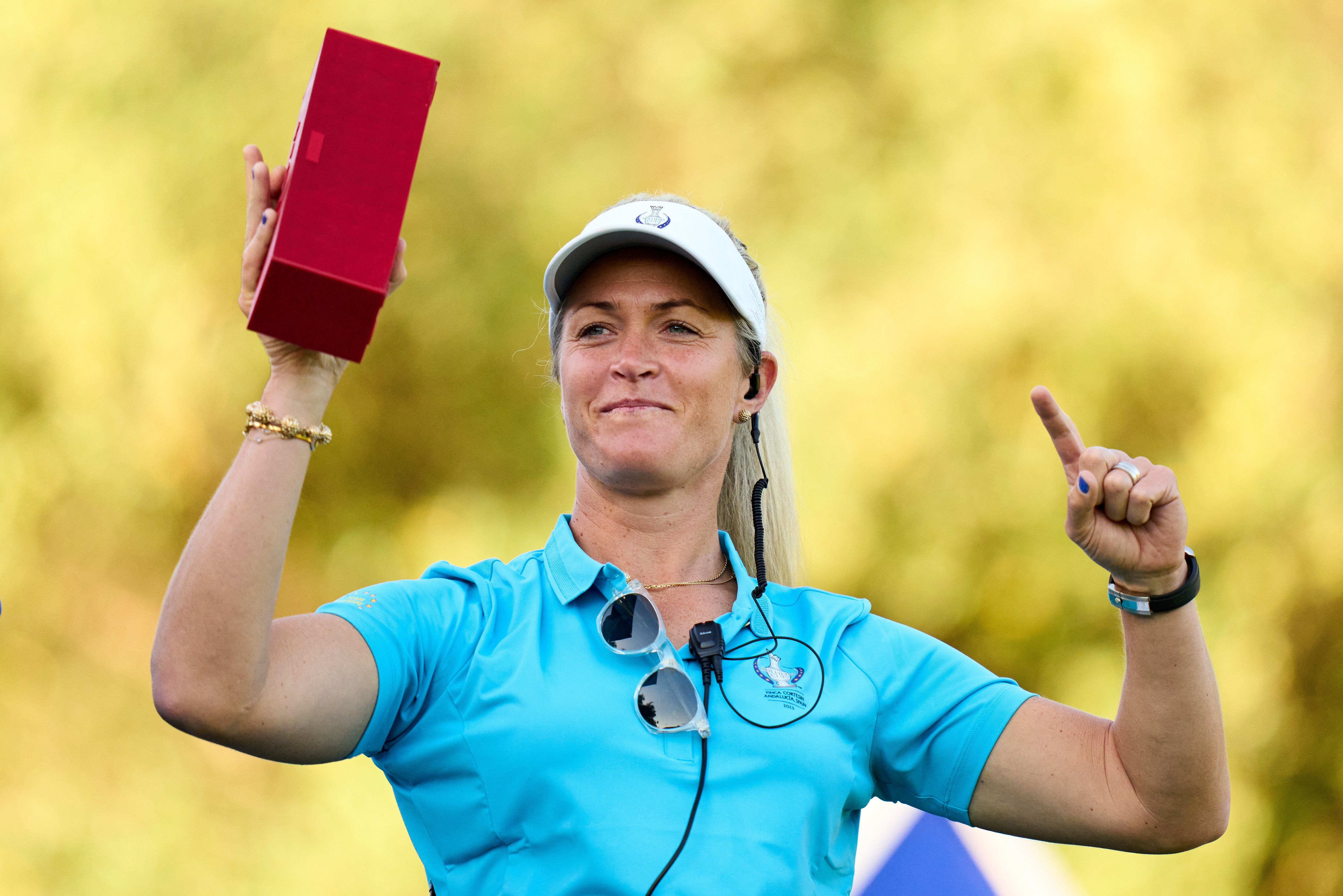 Captain Suzann Pettersen of Team Europe reacts during practice prior to the The Solheim Cup at Finca Cortesin Golf Club