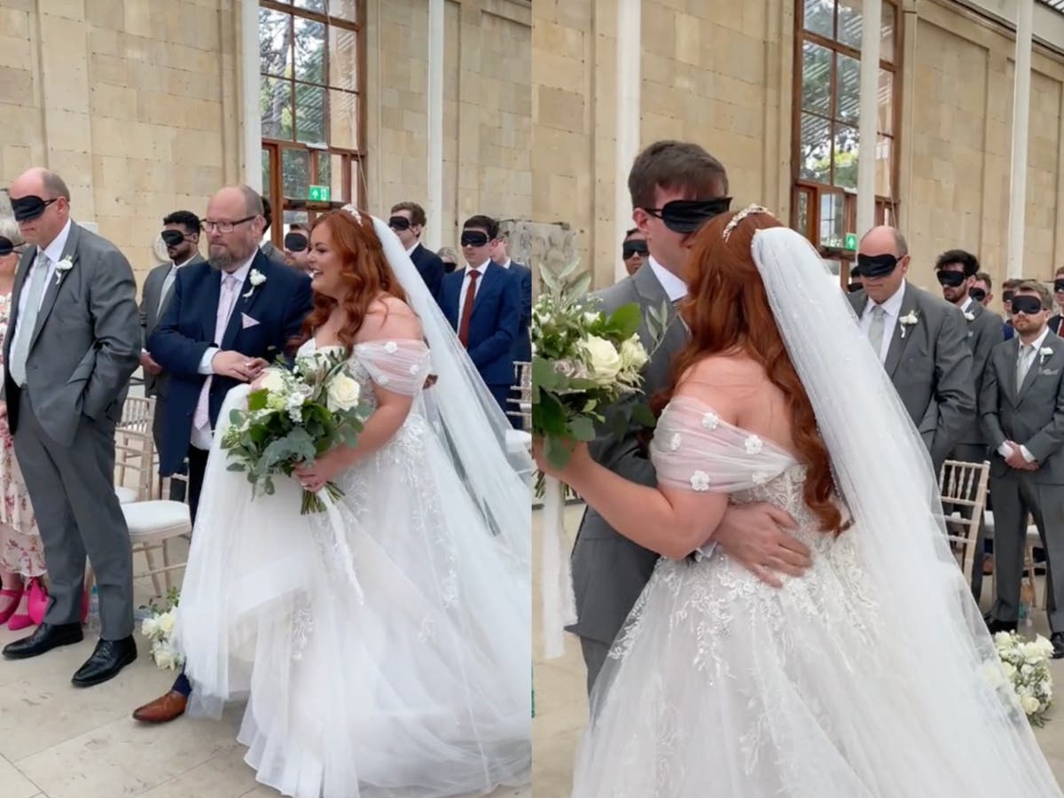Bride who lost sight as a teenager has wedding guests ‘live a moment in her shoes’ with blindfolds