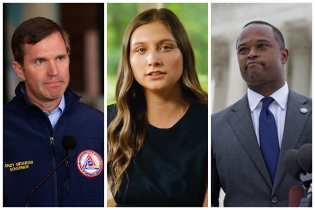 <p>Andy Beshear (left) shared a young girl’s harrowing story of surviving sexual abuse (centre) to call out his opponent Daniel Cameron’s (right) stance on abortion</p>