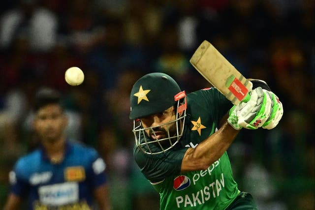<p>Pakistan’s Mohammad Rizwan plays a shot during the Asia Cup 2023</p>