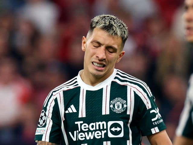 <p>Manchester United’s Lisandro Martinez reacts against Bayern</p>