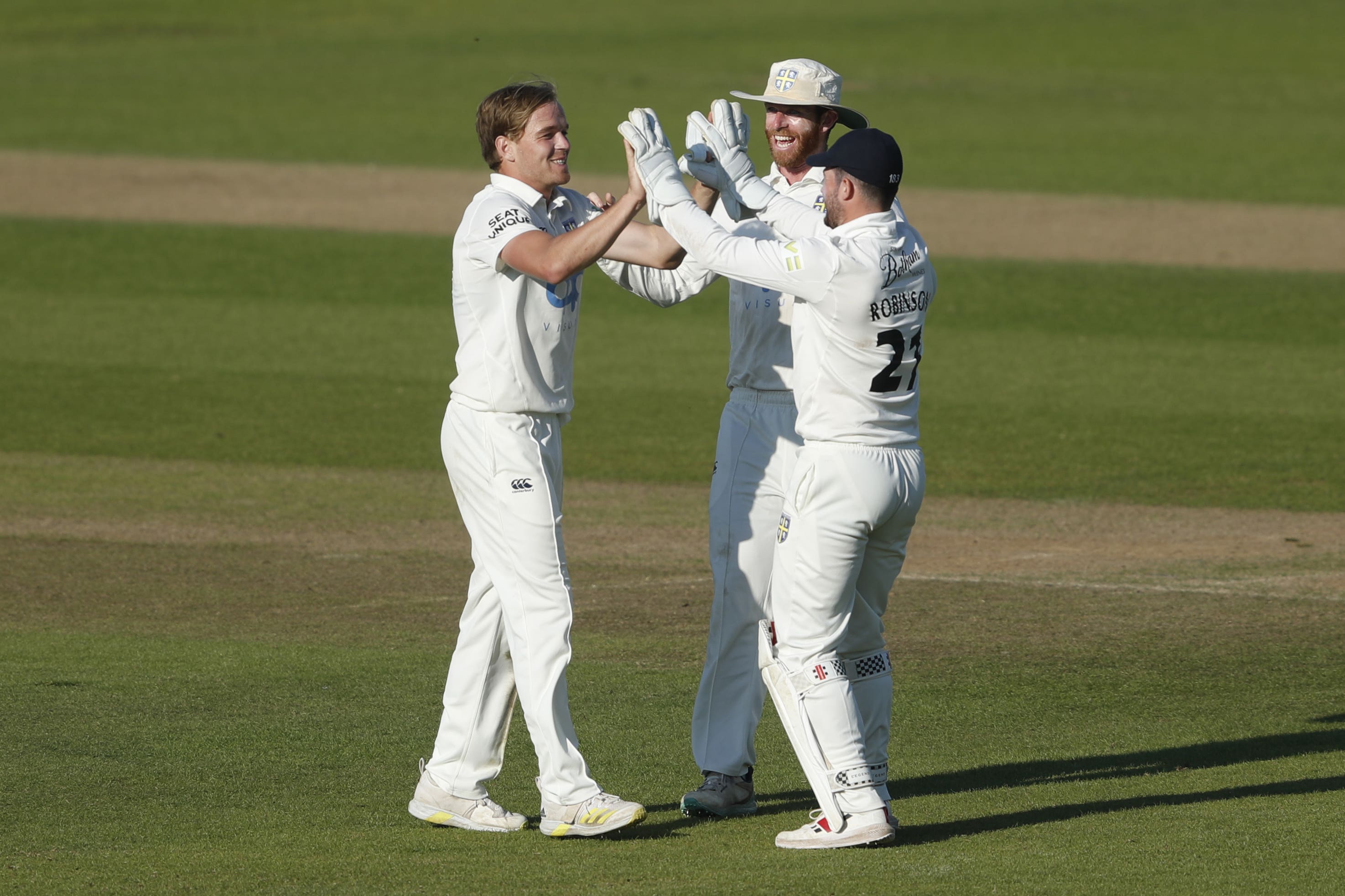 Bas de Leede (left) finished with three wickets as Durham wrapped up the Division Two title (Will Matthews/PA)