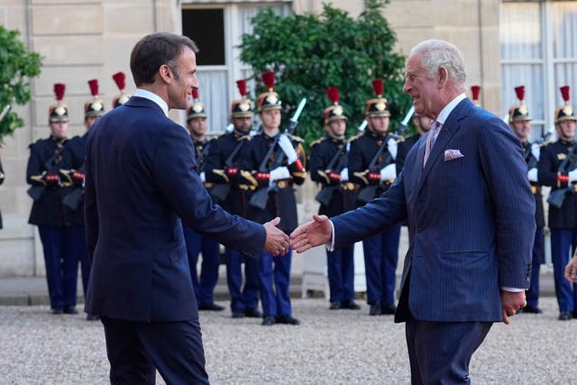 <p>King Charles III and president Emmanuel Macron at the Elysee Palace </p>
