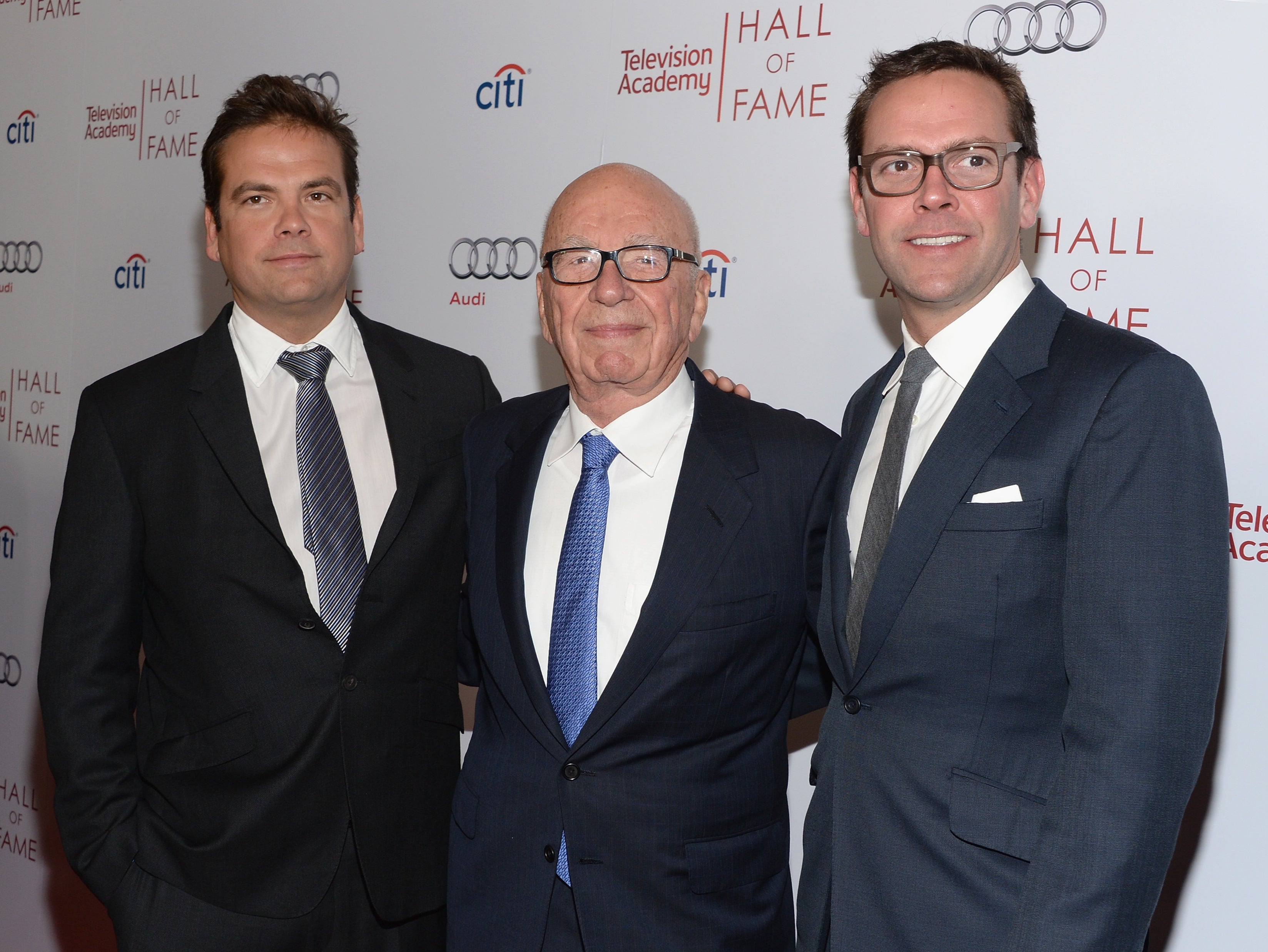 From left Lachlan Murdoch, Rupert Murdoch and James Murdoch in 2014