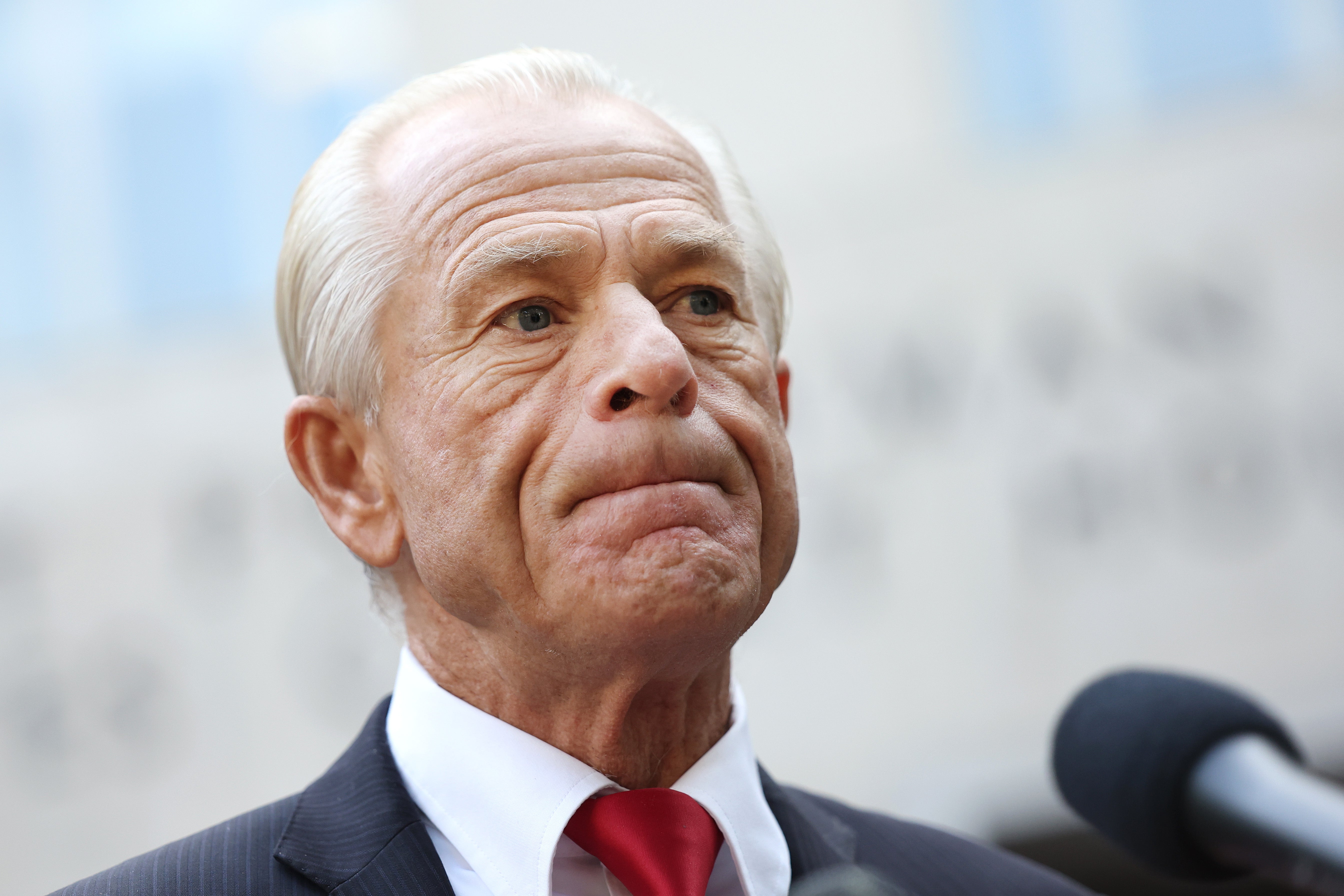 Peter Navarro, an advisor to former U.S. President Donald Trump, speaks to reporters as he arrives at the E. Barrett Prettyman Courthouse on September 07, 2023 in Washington, DC. The jury is expected to begin deliberating today in Navarro's contempt of Congress case for failing to comply with a congressional subpoena from the