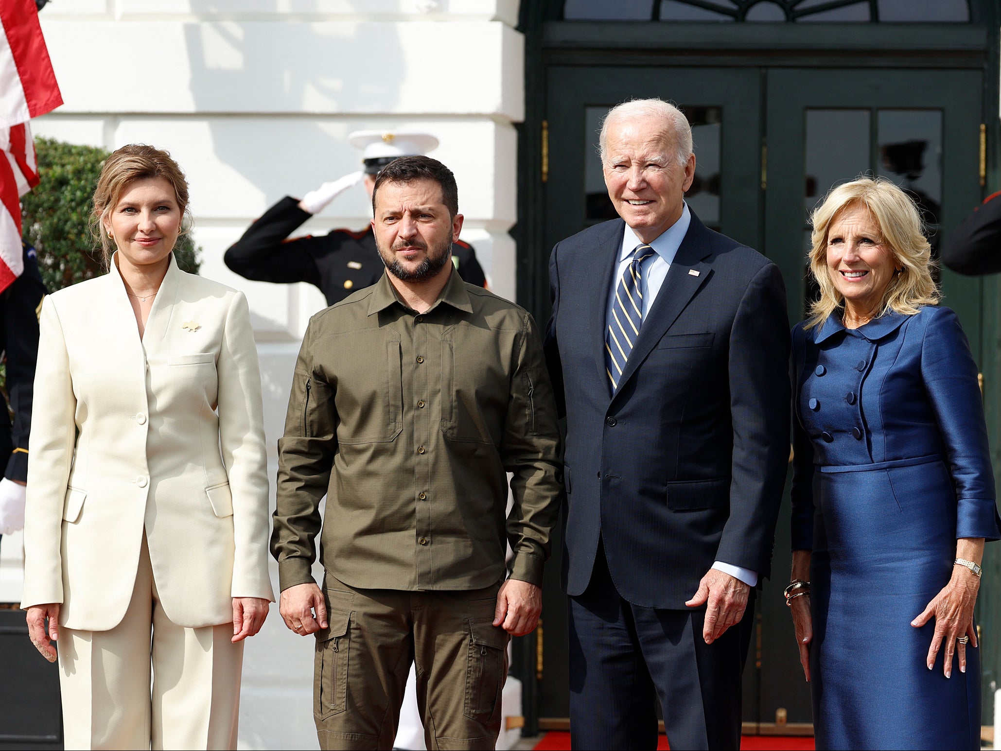 President Joe Biden and first lady Jill Biden welcome President of Ukraine Volodymyr Zelensky and his wife Olena Zelenska at the White House September 21, 2023 in Washington, DC.