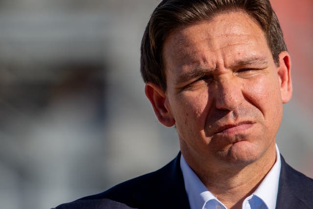 <p>Florida governor DeSantis listens during a campaign event at the Permian Deep Rock Oil Company site on 20 September 2023 in Midland, Texas</p>