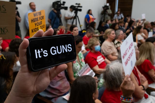 <p>A supporter of gun reform holds their cell phone up during a House Civil Justice Committee on the third day of the special session on public safety to discuss gun violence in the wake of the Covenant School shooting, in Nashville, Tennessee, last August </p>