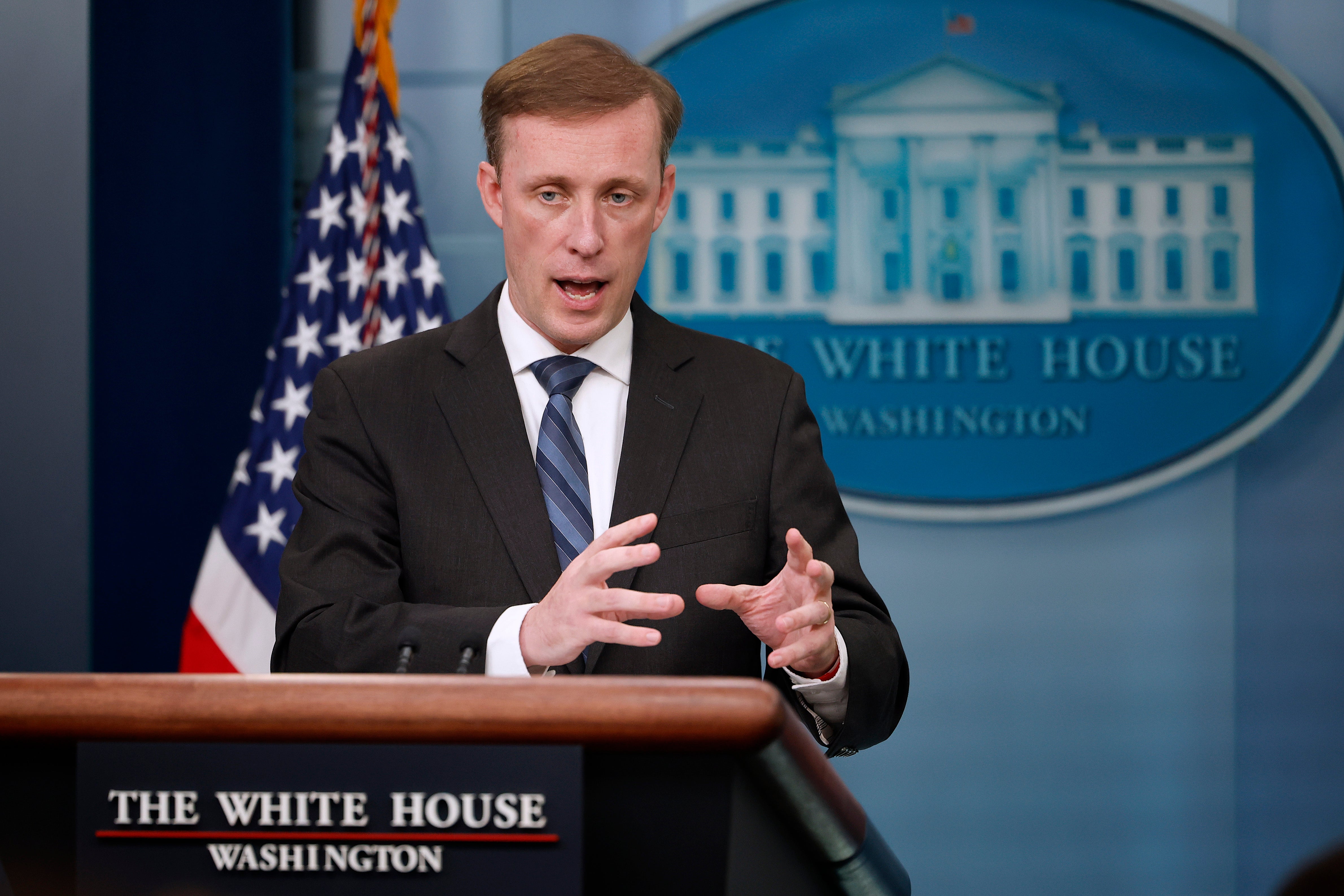 White House National Security Advisor Jake Sullivan talks to reporters during a news conference in the Brady Press Briefing Room