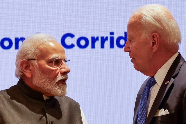 <p>File India’s Prime Minister Narendra Modi (L) and US President Joe Biden speak after a session as part of the G20 Leaders’ Summit </p>