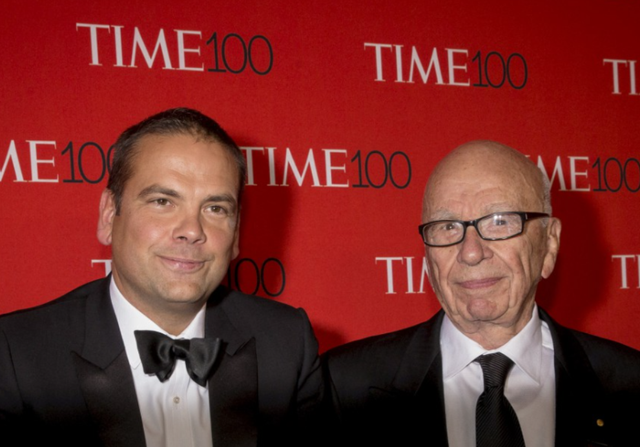 <p>Rupert Murdoch (R) and Lachlan Murdoch arrive for the TIME 100 Gala in New York April 21, 2015</p>