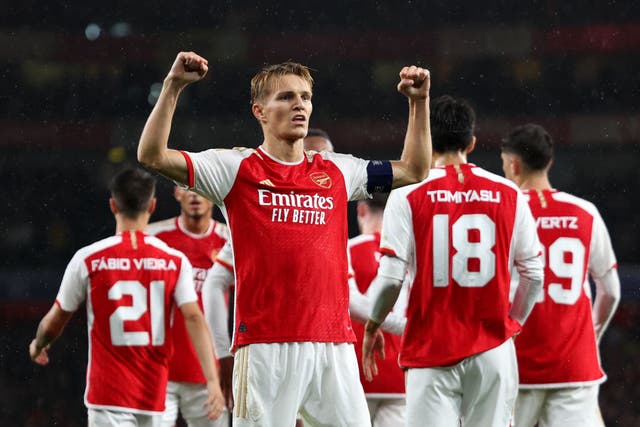 <p>Martin Odegaard sealed Arsenal’s 4-0 win against PSV on Wednesday </p>