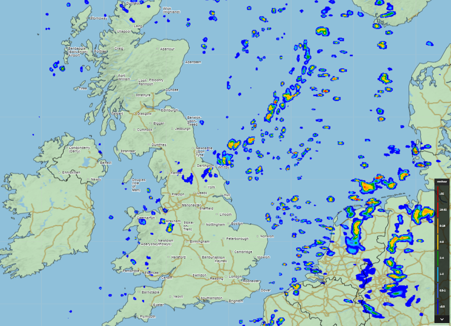 Some rainfall in western wales and the north east of England predicted this evening