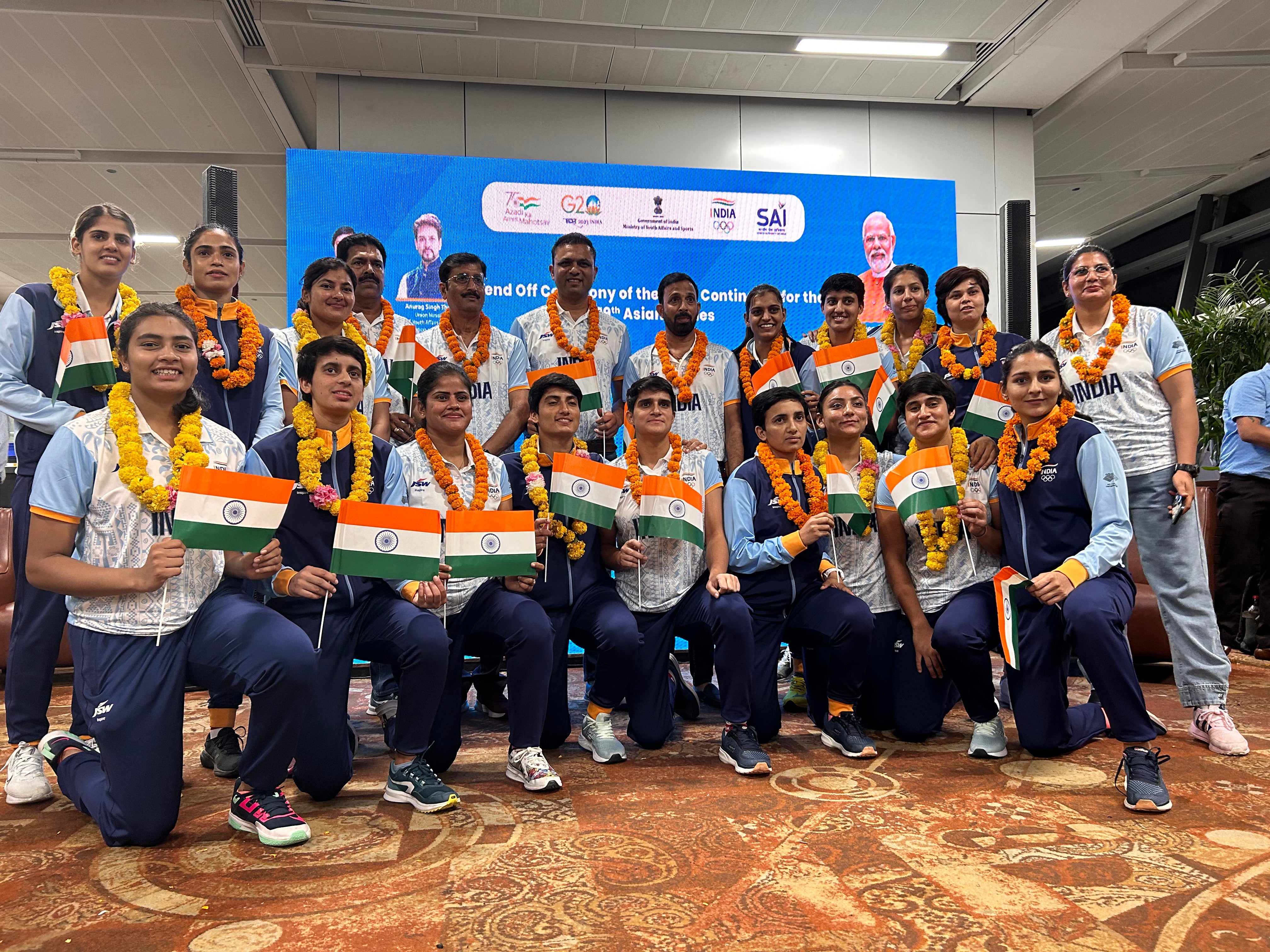 Members of the Indian contingent leaving to participate in the Asian Games in Hangzhou, China