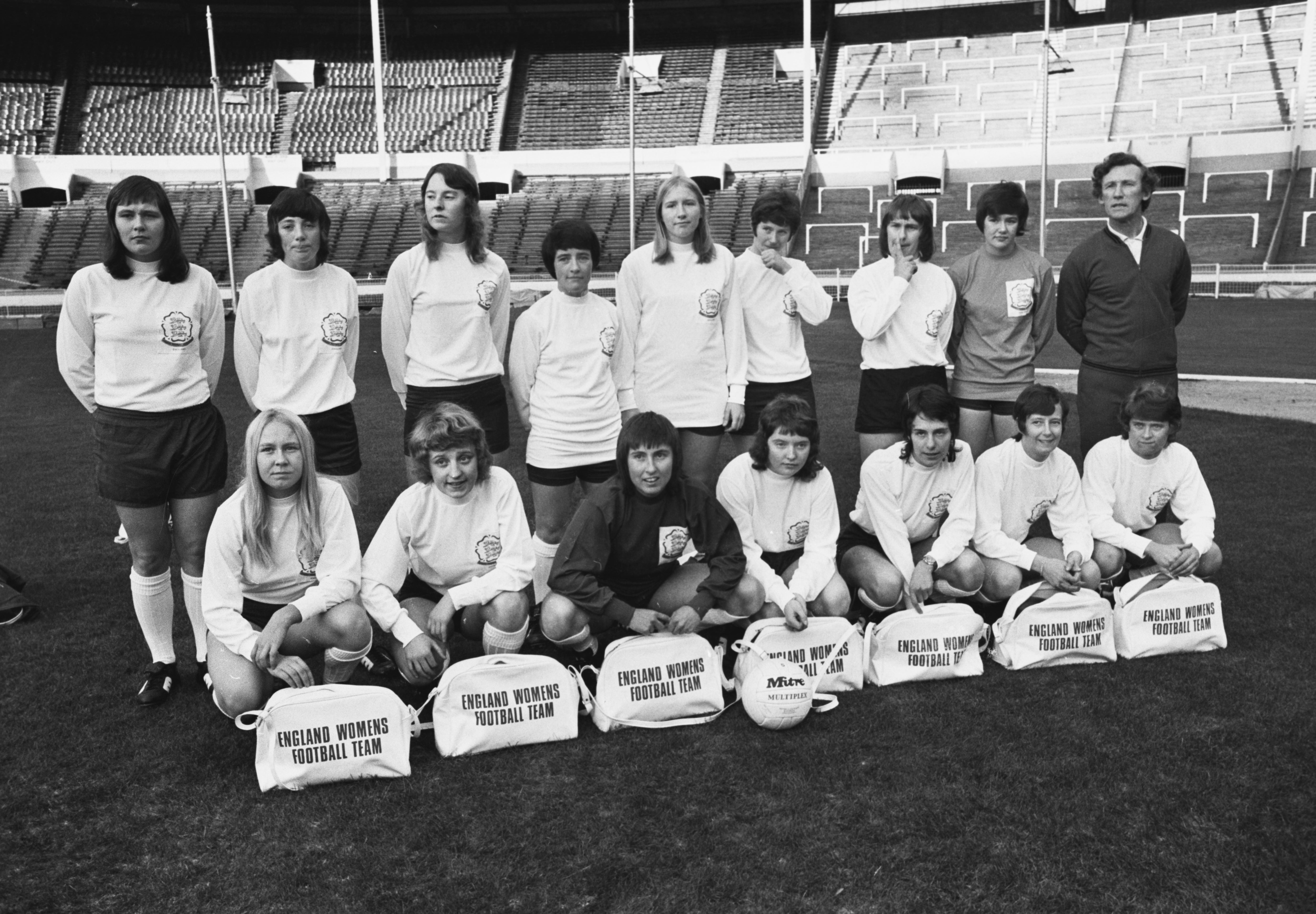 The England women’s national football team pose before the Scotland match in 1972