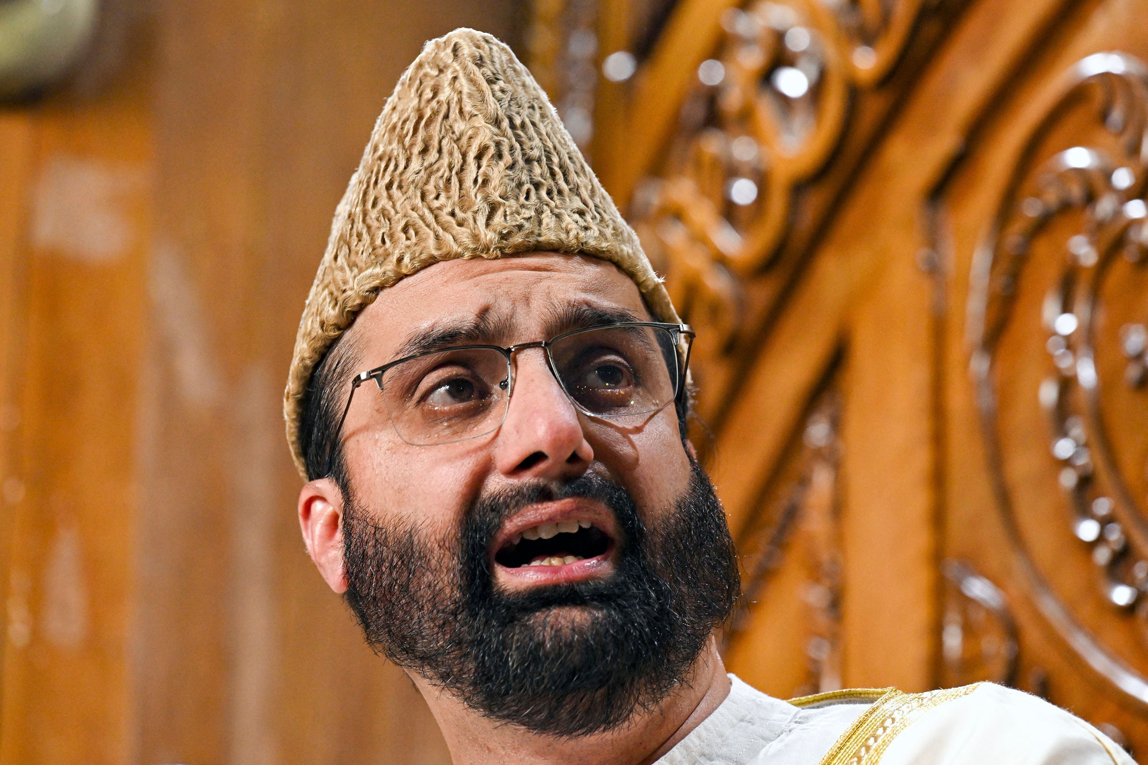 Separatist leader Mirwaiz Umar Farooq released after four years of house arrest, delivers the friday sermon at Jamia Masjid in downtown Srinagar