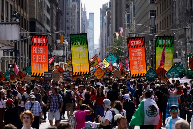 <p>Climate activists marching on Madison Avenue protesting against of fossil fuels in September as momentum builds to end coal, gas and oil ahead of Cop28 </p>