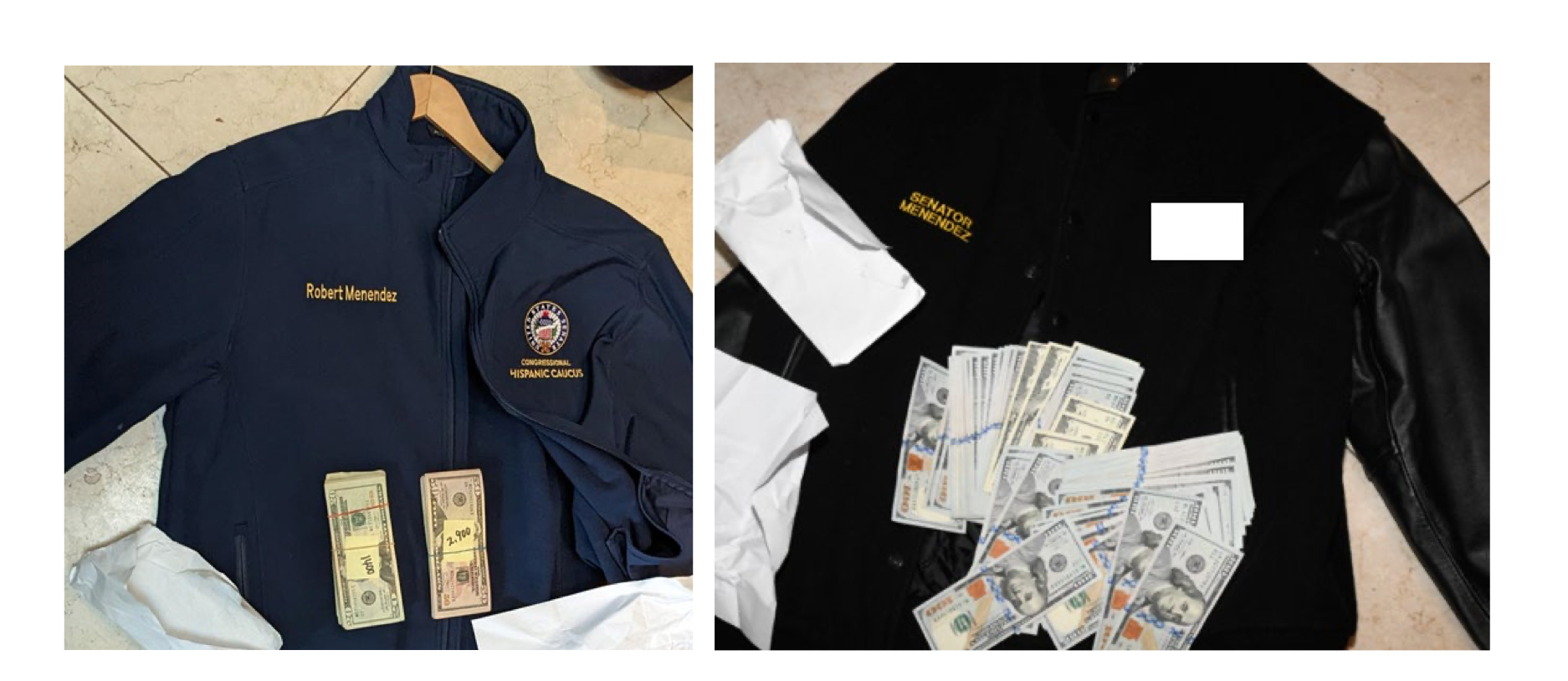 A federal indictment charging US Senator Robert Menendez with bribery and corruption includes photos of jackets bearing his name and stuffed with cash allegedly discovered by authorities.