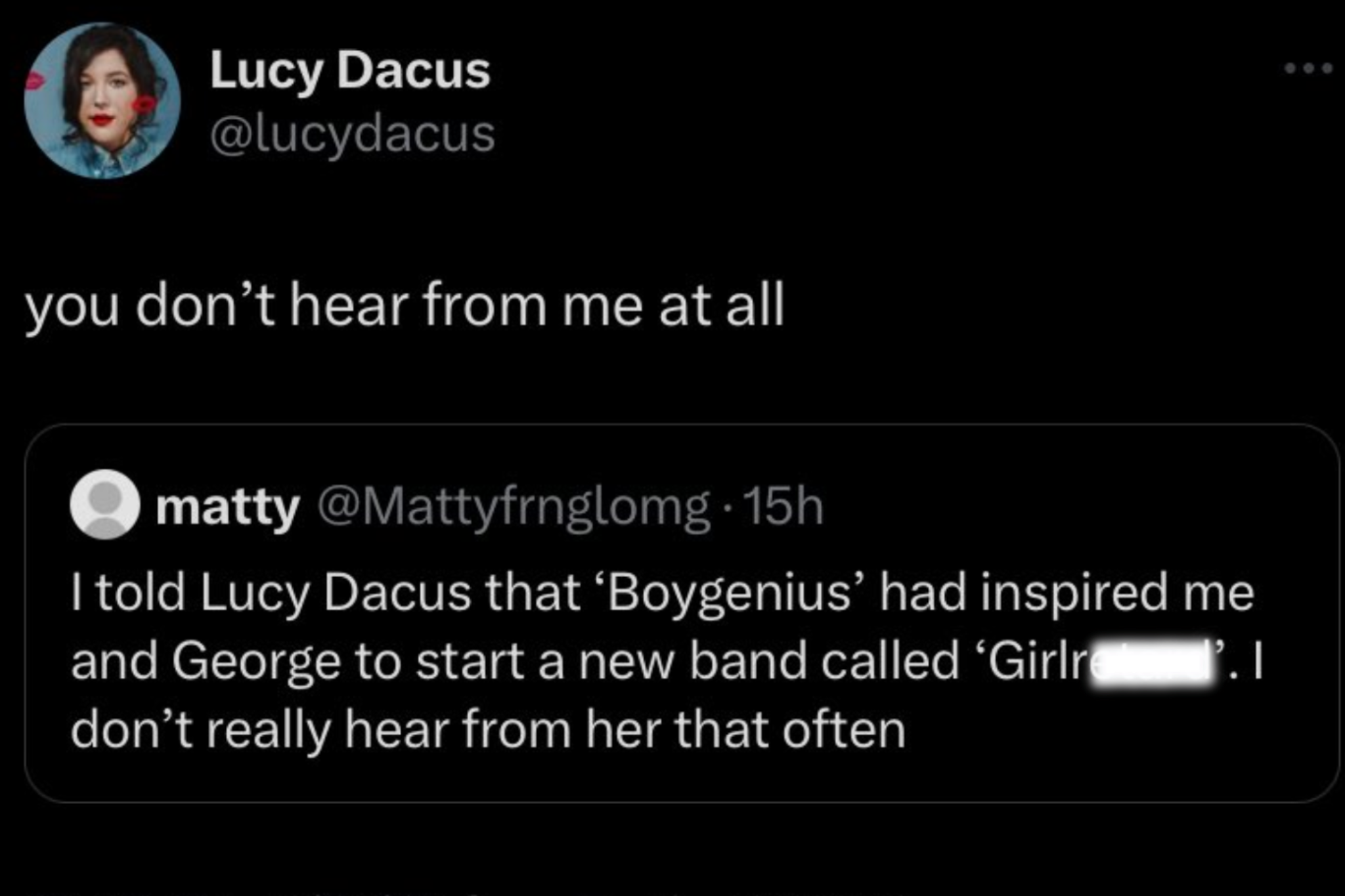 Matt Healy and Lucy Dacus X/Twitter exchange