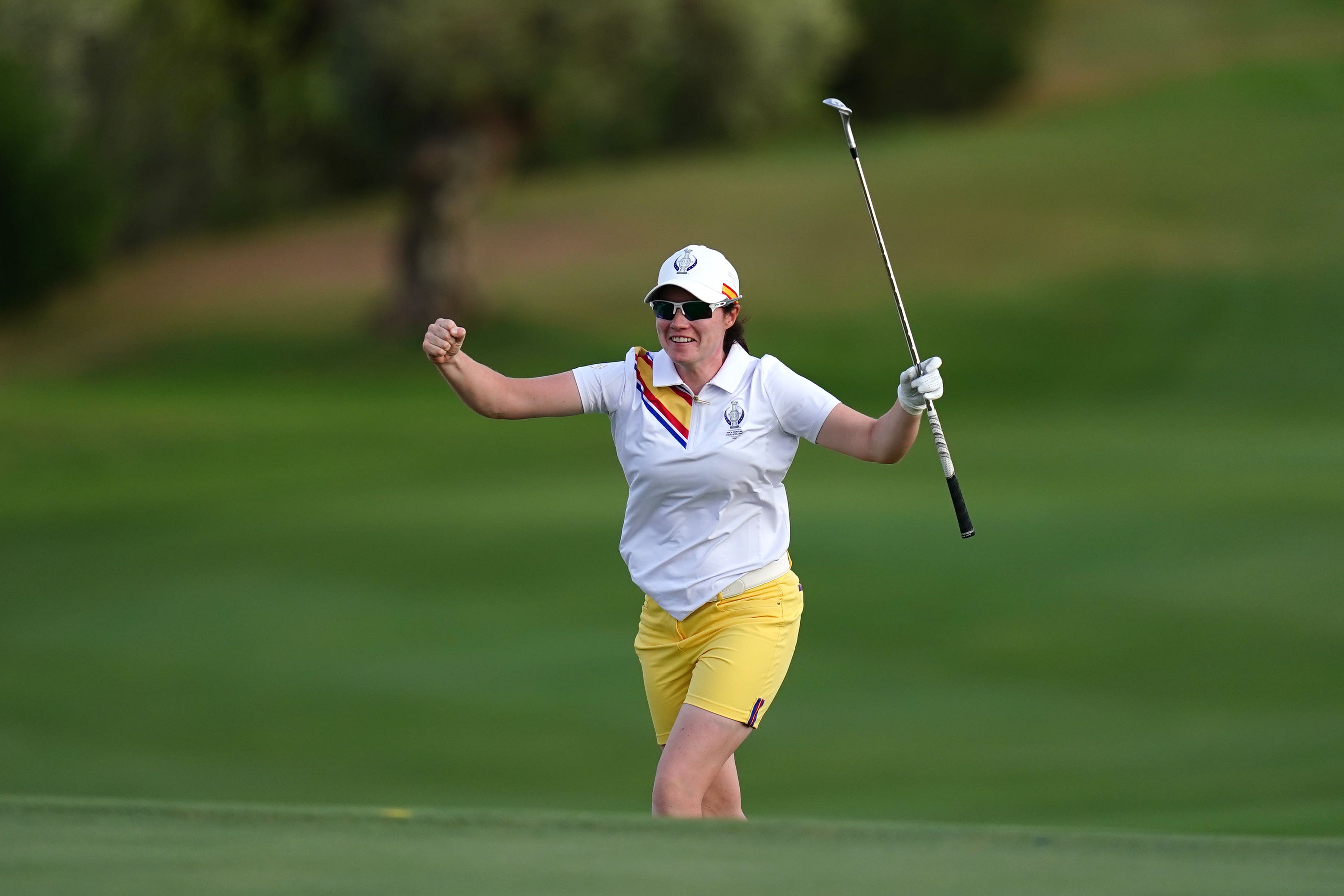 Europe’s Leona Maguire celebrates chipping in for a birdie on the 18th hole on day one of the 2023 Solheim Cup (John Walton/PA)
