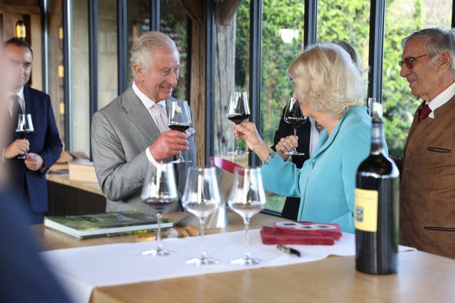 <p>Charles and Camilla during a visit to Chateau Smith Haut Lafitte vineyard (Ian Vogler/Daily Mirror/PA)</p>