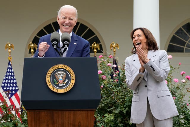 <p>President Joe Biden and Vice President Kamala Harris react to a comment from someone in the audience during an event on Friday, Sept. 22, 2023, in the Rose Garden of the White House in Washington. (AP Photo/Jacquelyn Martin)</p>