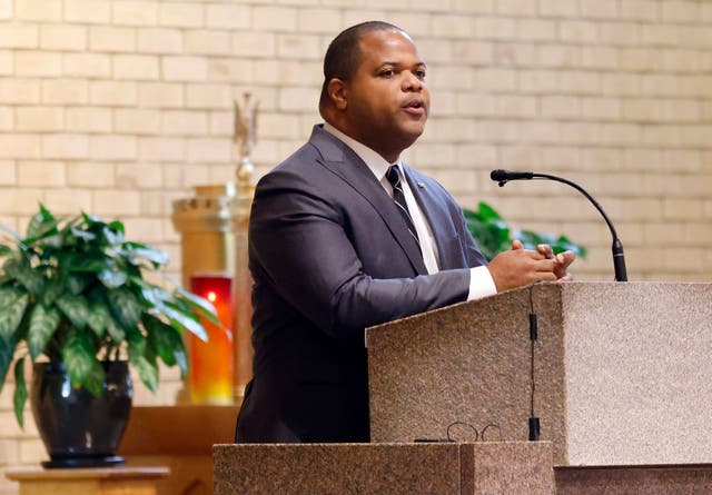 <p>Dallas Mayor Eric Johnson, pictured at the funeral Mass for Dallas Police Officer Jacob Arellano in Richardson, Texas in 2022 </p>