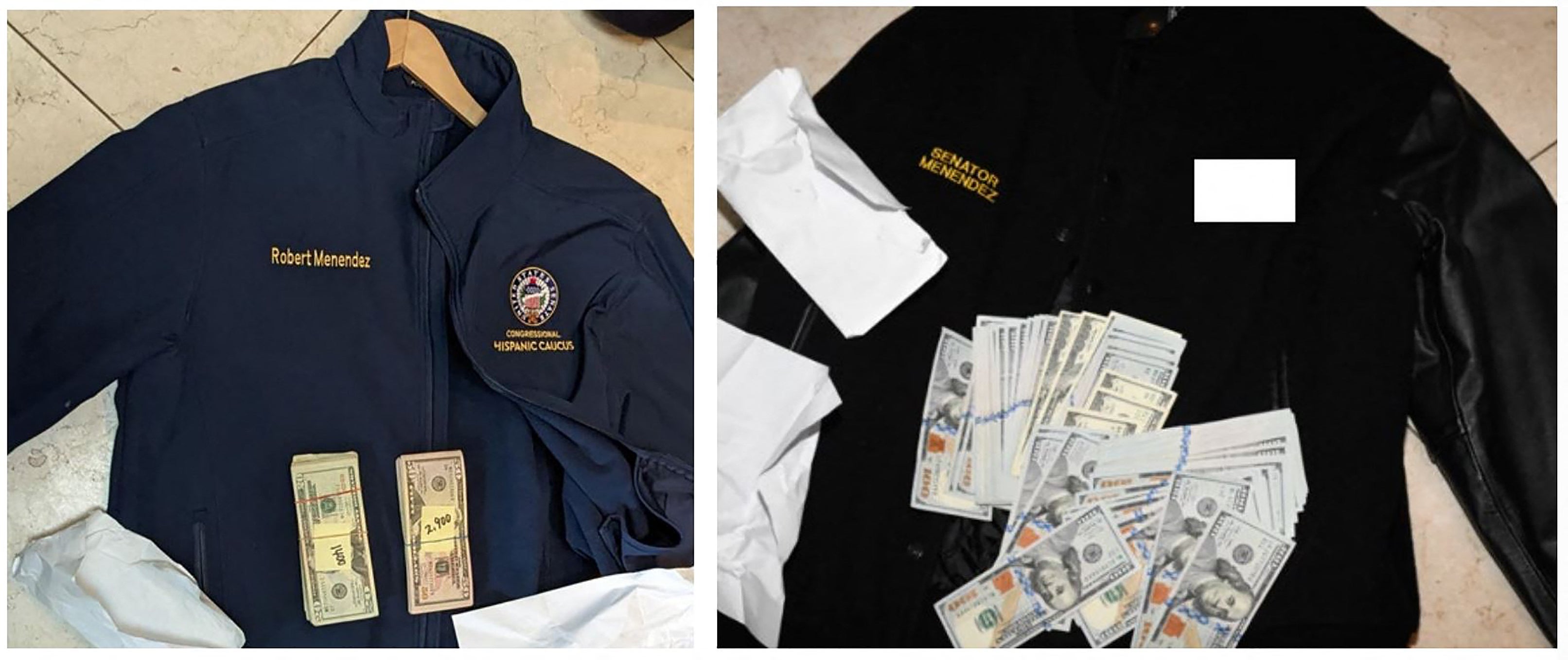 This undated image included in an indictment against Senator Robert Menendez shows money found in jackets belonging to the powerful head of the Senate Foreign Relations Committee.