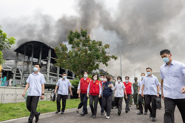 <p>Taiwan’s President Tsai Ing-wen visits the on-site command center following a fire at a factory in Pingtung, Taiwan</p>
