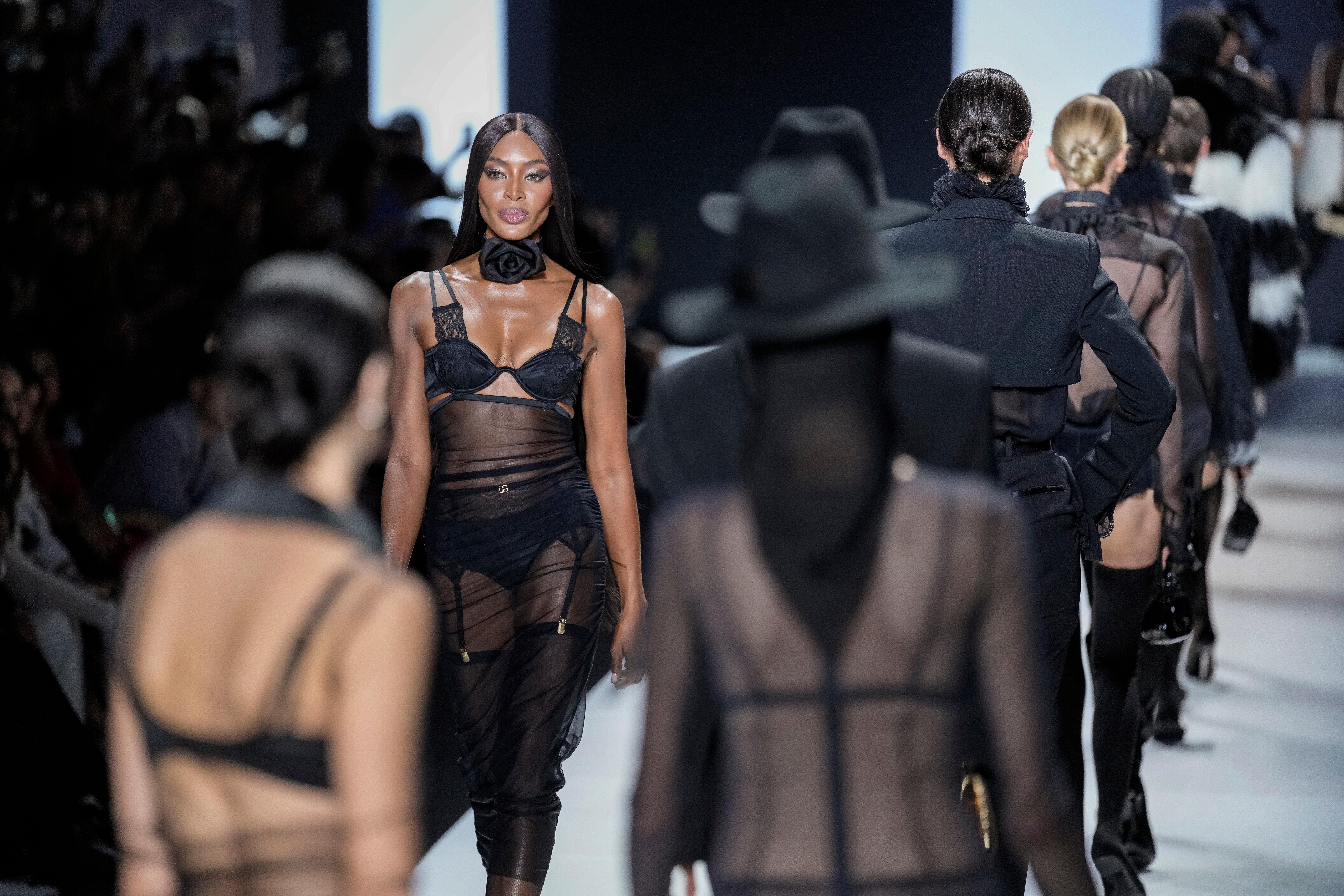 Naomi Campbell models underwear as outerwear trend for Dolce & Gabbana at  Milan Fashion Week