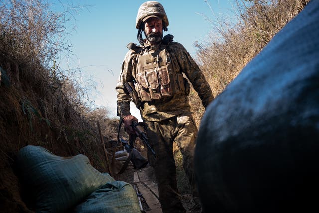 <p>Ukrainian serviceman of 24th brigade is seen at frontline in south of Bakhmut </p>