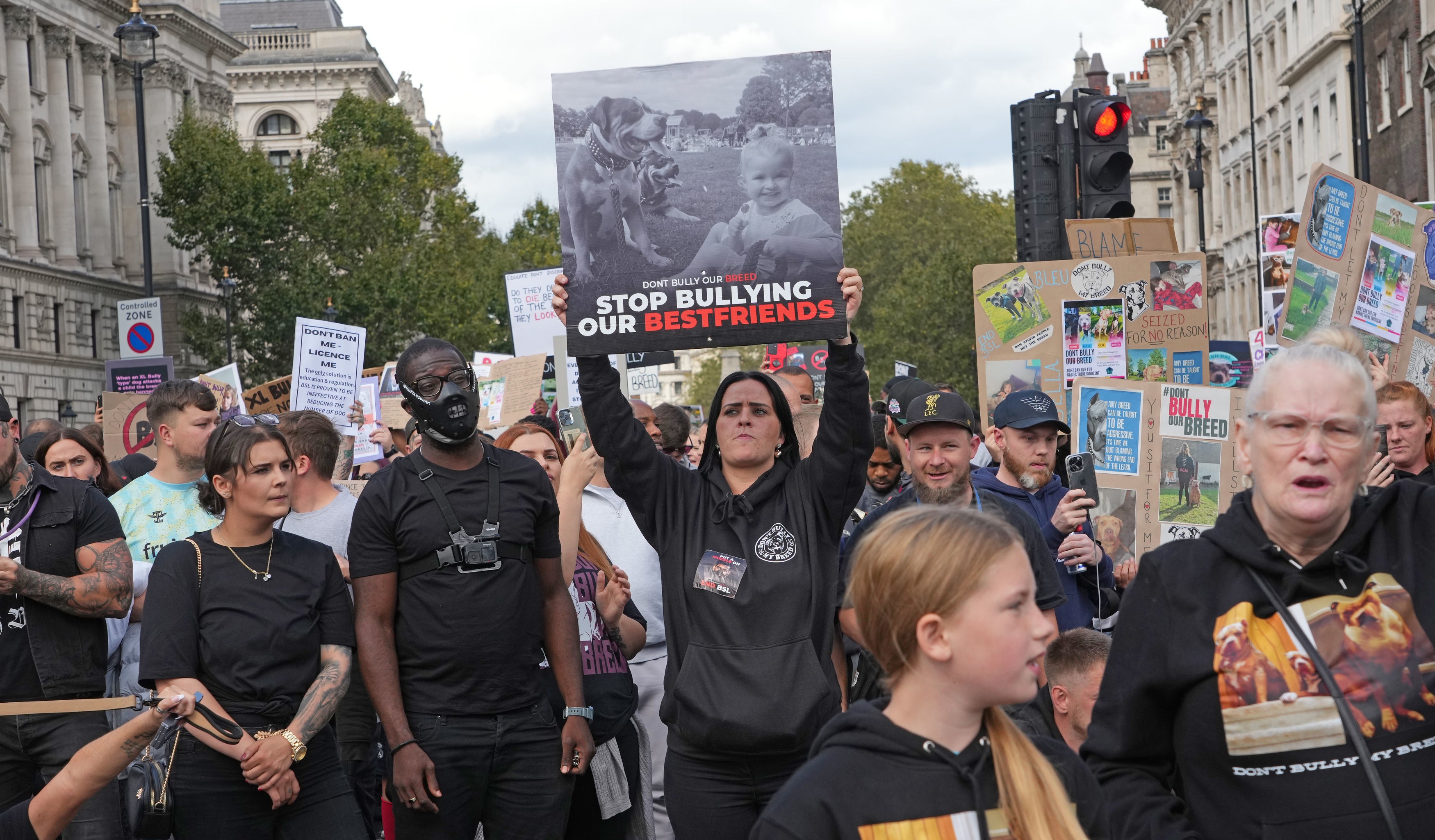 People take part in a protest in central London against the Government's decision to add XL bully dogs to the list of prohibited breeds