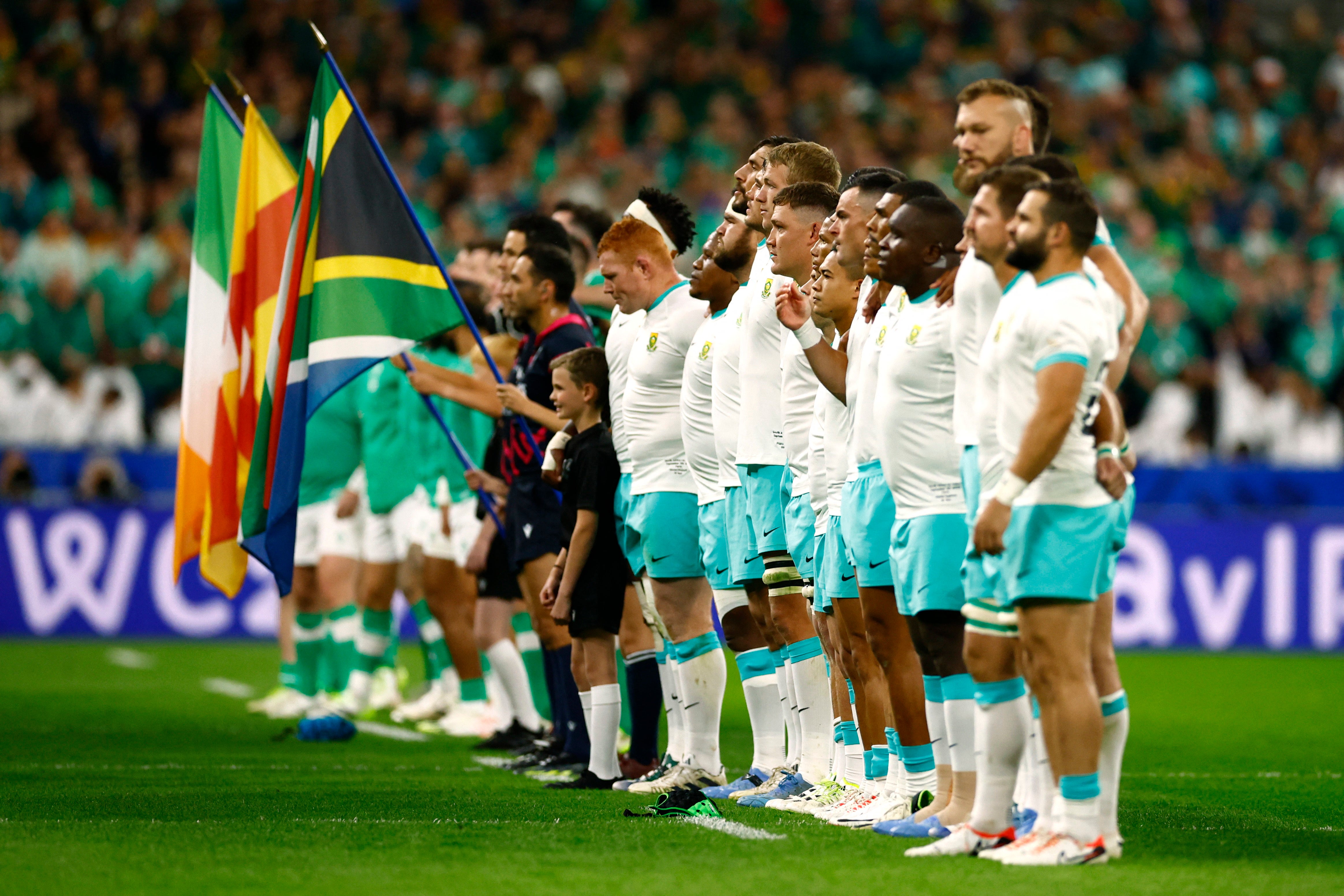 South Africa line up for the national anthems