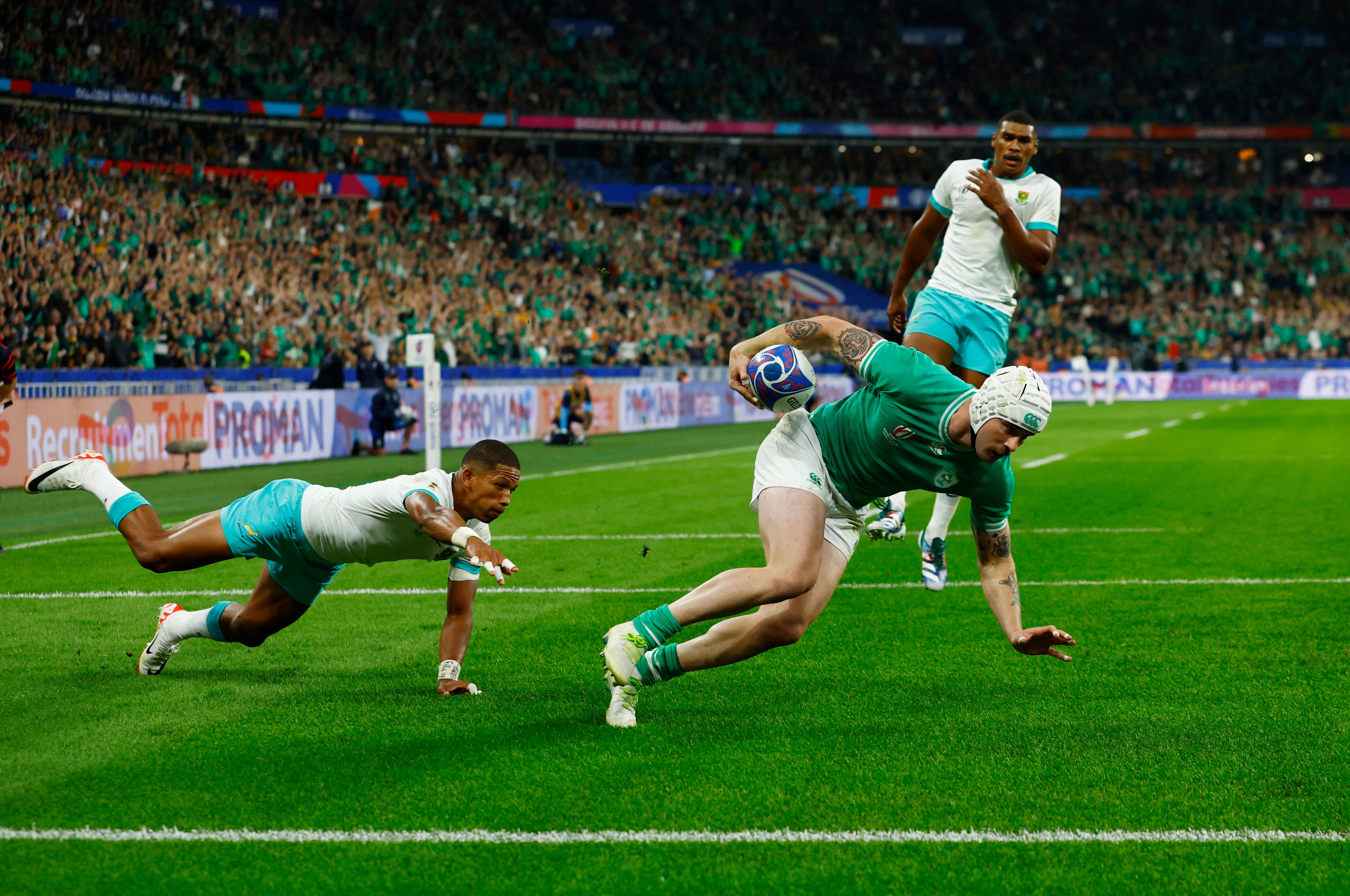 Mack Hansen scores Ireland’s first-half try