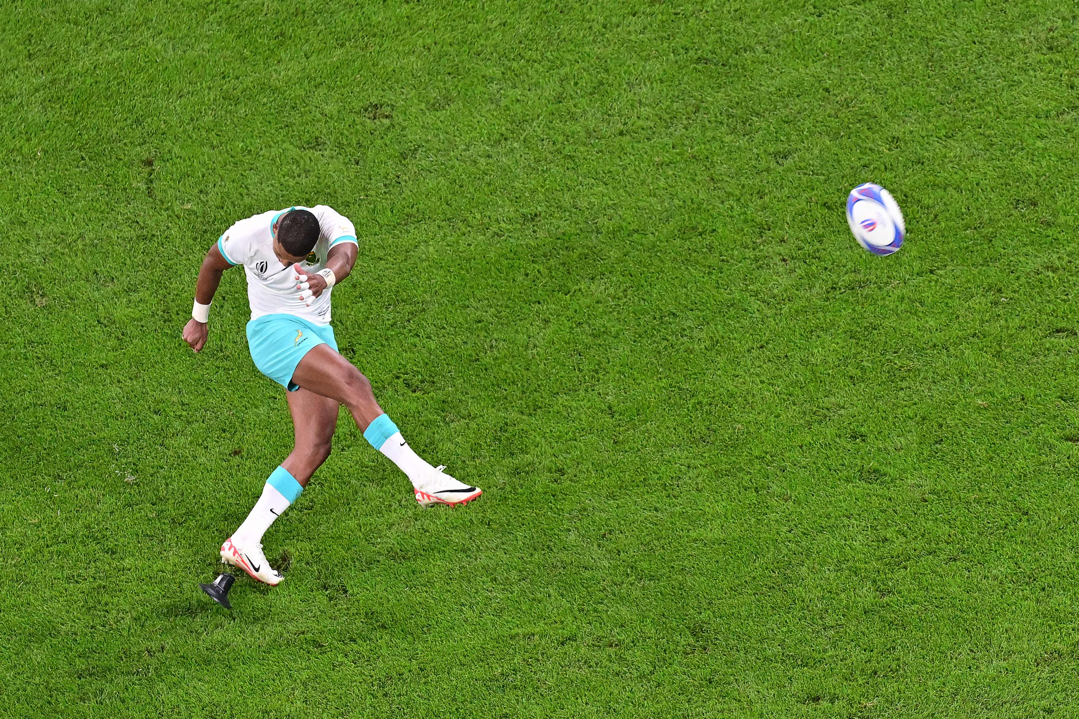 South Africa's fly-half Manie Libbok scores a penalty