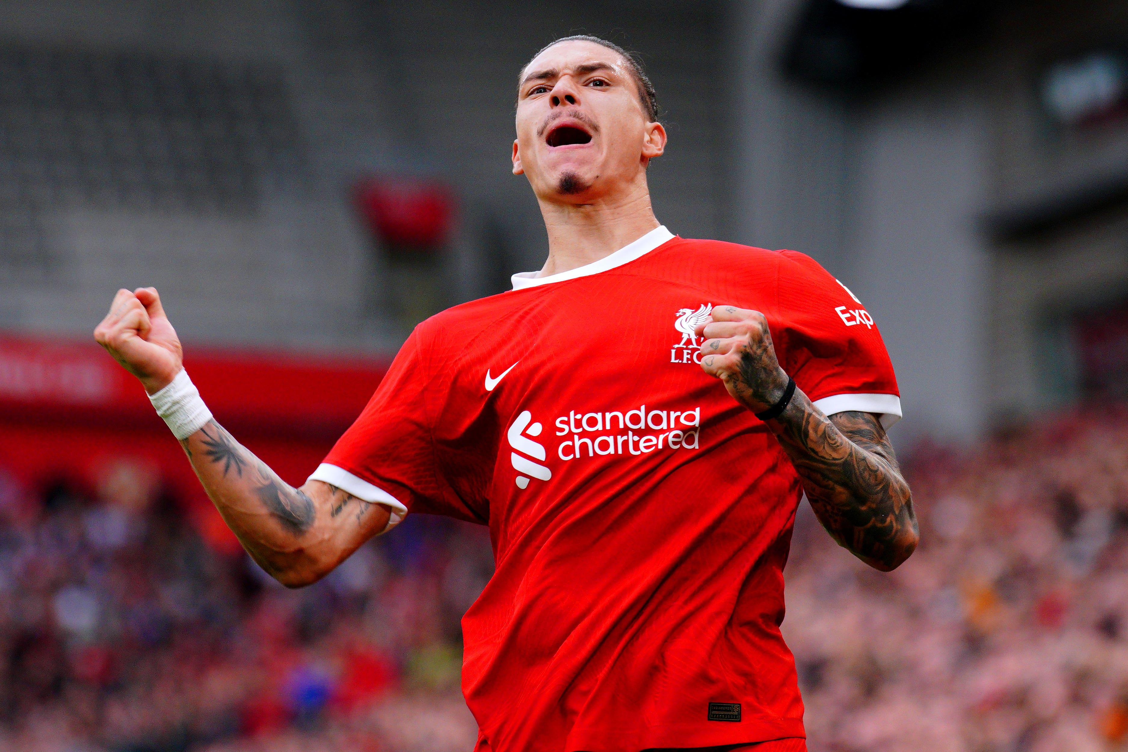 Darwin Nunez celebrates scoring Liverpool’s second goal against West Ham (Peter Byrne/PA)