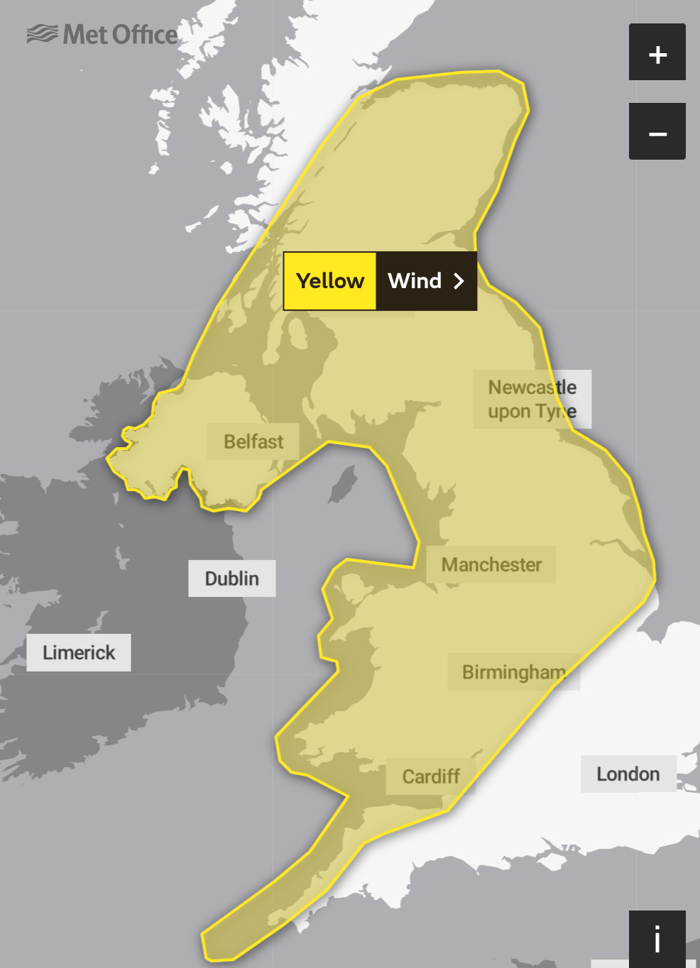 A yellow warning for wind has been issued across the majority of the UK from 10.00 on Wednesday until 07.00 on Thursday