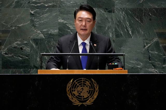 <p>South Korea’s president Yoon Suk Yeol addresses the 78th session of the United Nations General Assembly on 20 September 2023</p>