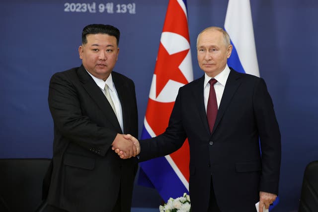 <p>Russian president Vladimir Putin and North Korea’s leader Kim Jong-un shake hands during their meeting at the Vostochny cosmodrome in September this year </p>