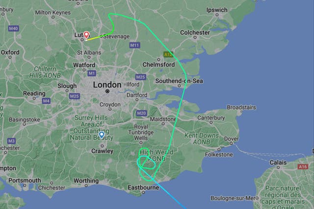 <p>Diversionary tactics: path of easyJet flight 8842 from Ljubljana on Sunday, which eventually re-routed from Gatwick to Luton</p>