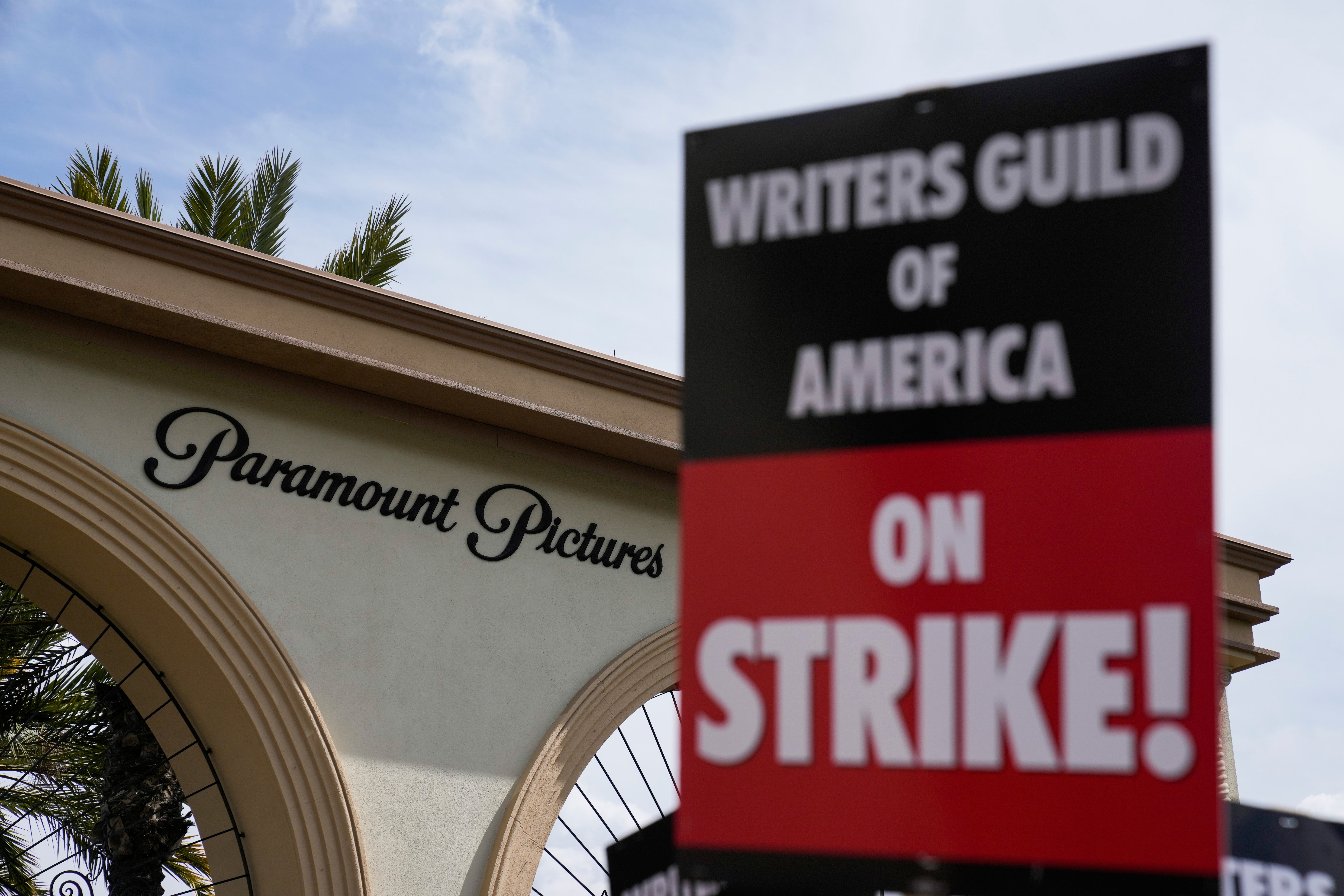 Members of the Writers Guild of America picket outside Paramount Pictures on May 3 (Ashley Landis/PA)