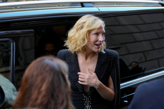 Cate Blanchett wore an embellished jumpsuit to sit front row (Luca Bruno/AP)